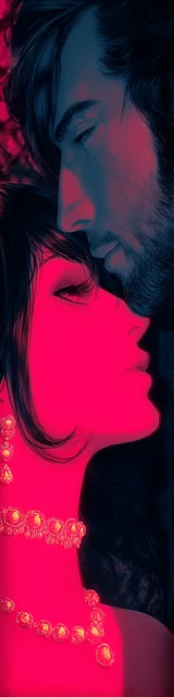 Free dark romance bookmark featuring a woman with a red-toned face looking upward